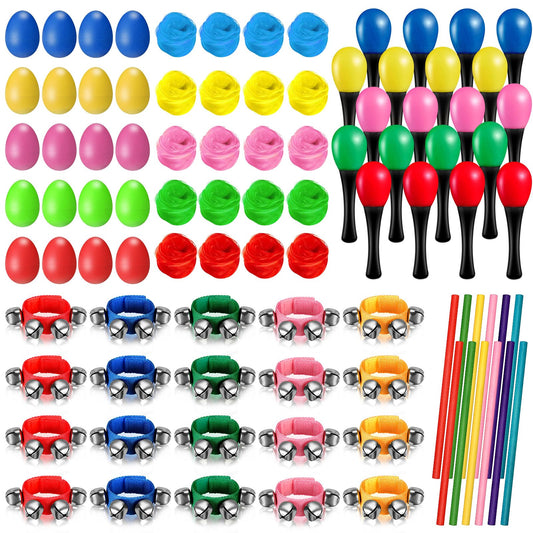 Gemscream 100 Pcs Shaker Musical Instruments for Kids, 20 Egg Shaker 20 Wrist Hand Band Jingle Bells 20 Sand Hammers Maracas Rattle 20 Rhythm Sticks and 20 Dance Scarves for Music Learning - Medaid International
