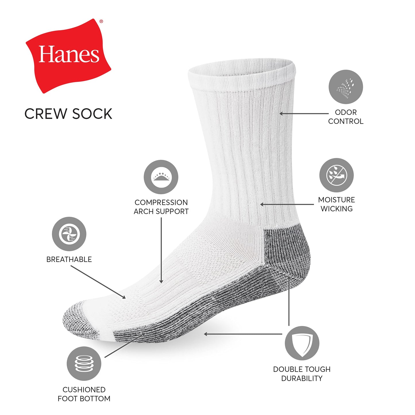 Hanes mens Crew Socks, 6-pair Pack Work Sock, Black, 6 12 US - Medaid International