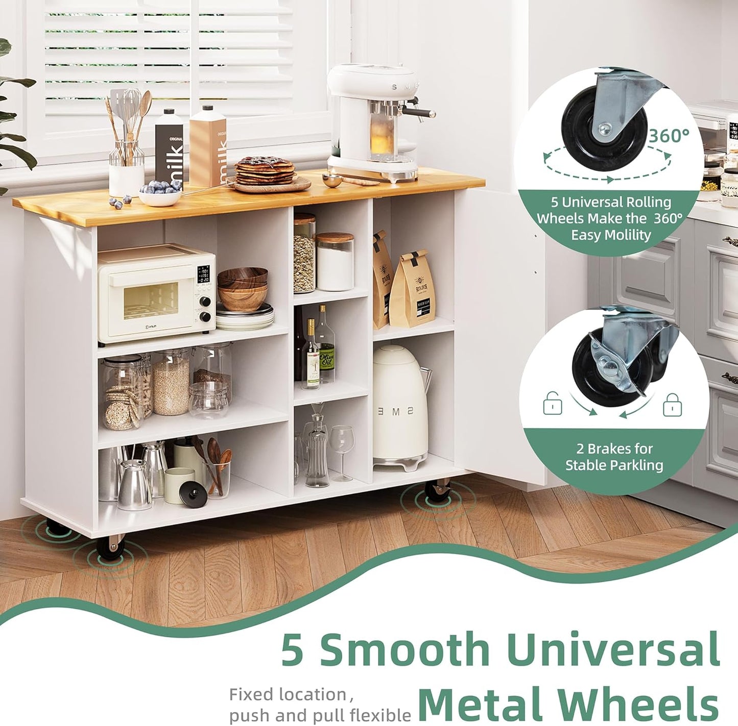 Shintenchi Kitchen Island Cart with Storage,Rolling Kitchen Island Storage Cabinet,Side Table on Wheels with Worktop,3 Open Shelves and 3 Drawers for Kitchen,Dinning Room, White - Medaid International