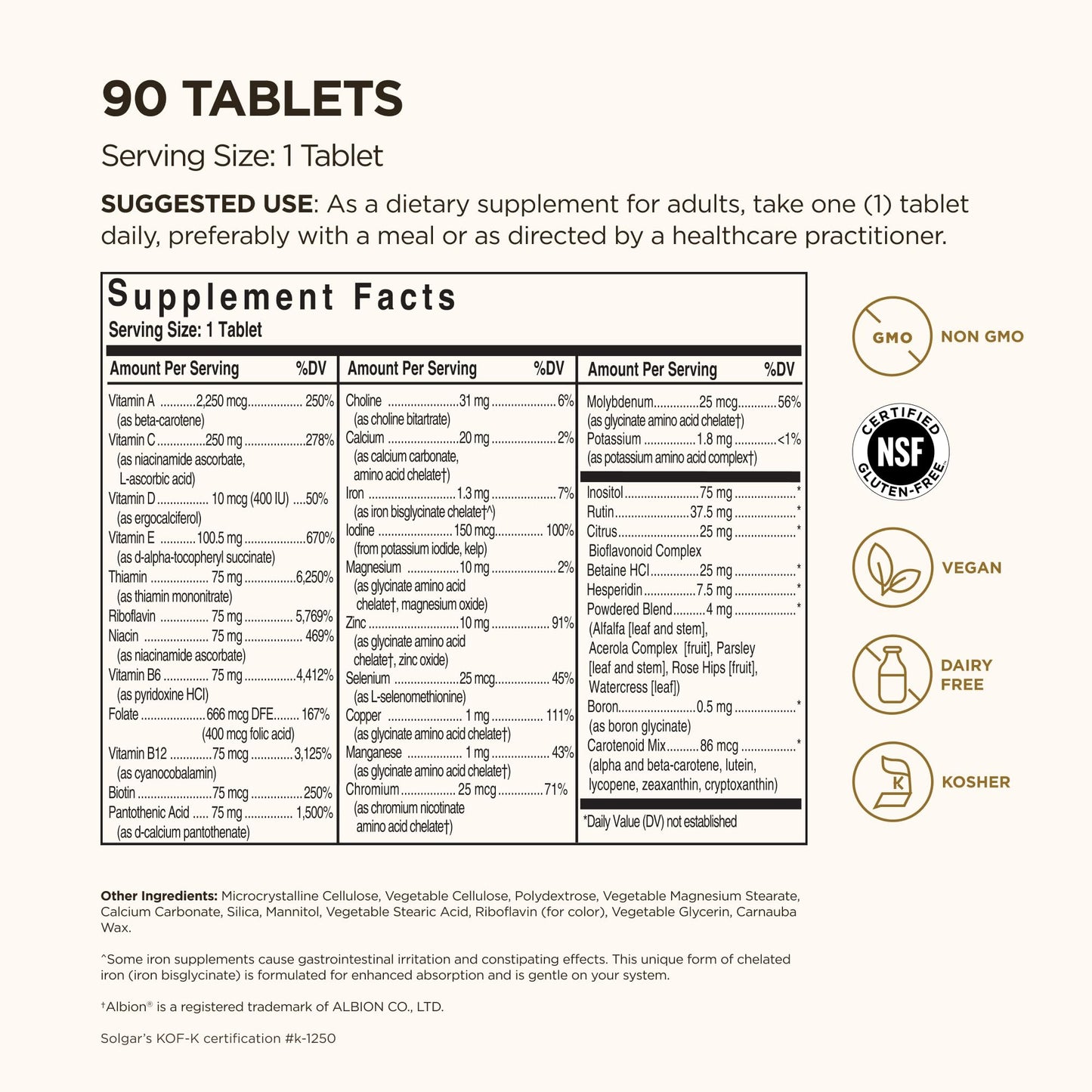 Solgar Formula VM-75, 90 Tablets - Multivitamin with Chelated Minerals - Vitamin A, B6, B12, C, D, E - Biotin, Magnesium, Calcium, Iron, Zinc - Vegan, Gluten Free, Dairy Free, Kosher - 90 Servings - Medaid International