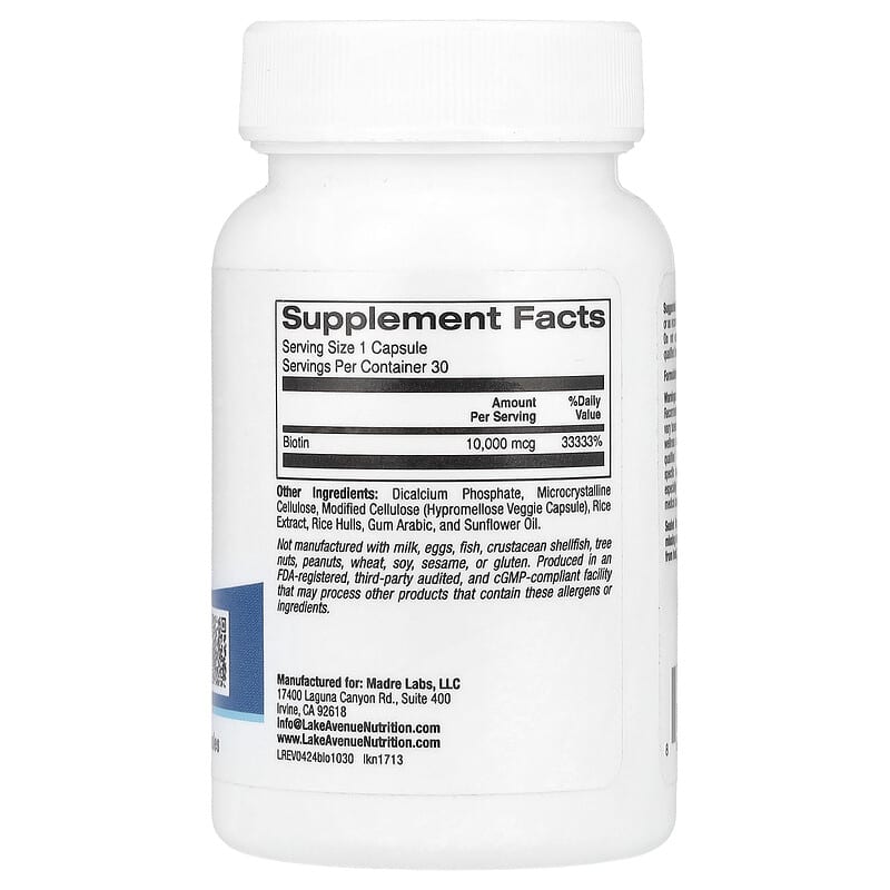 Lake Avenue Nutrition, Biotin, 10,000 mcg, 30 Veggie Capsules - Medaid International