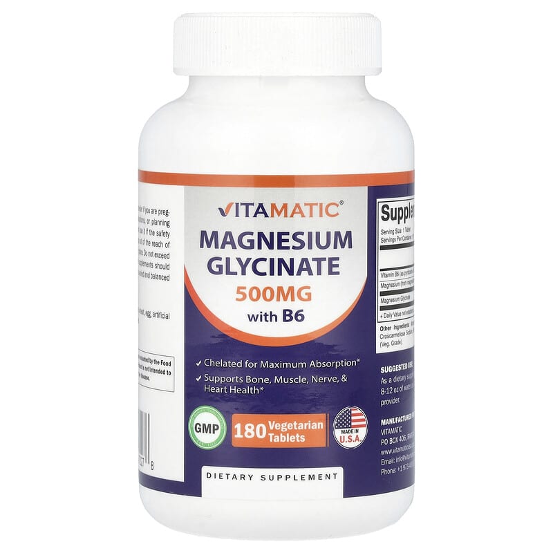 Vitamatic, Magnesium Glycinate with B6, 500mg, 180 Vegetarian Tablets - Medaid International