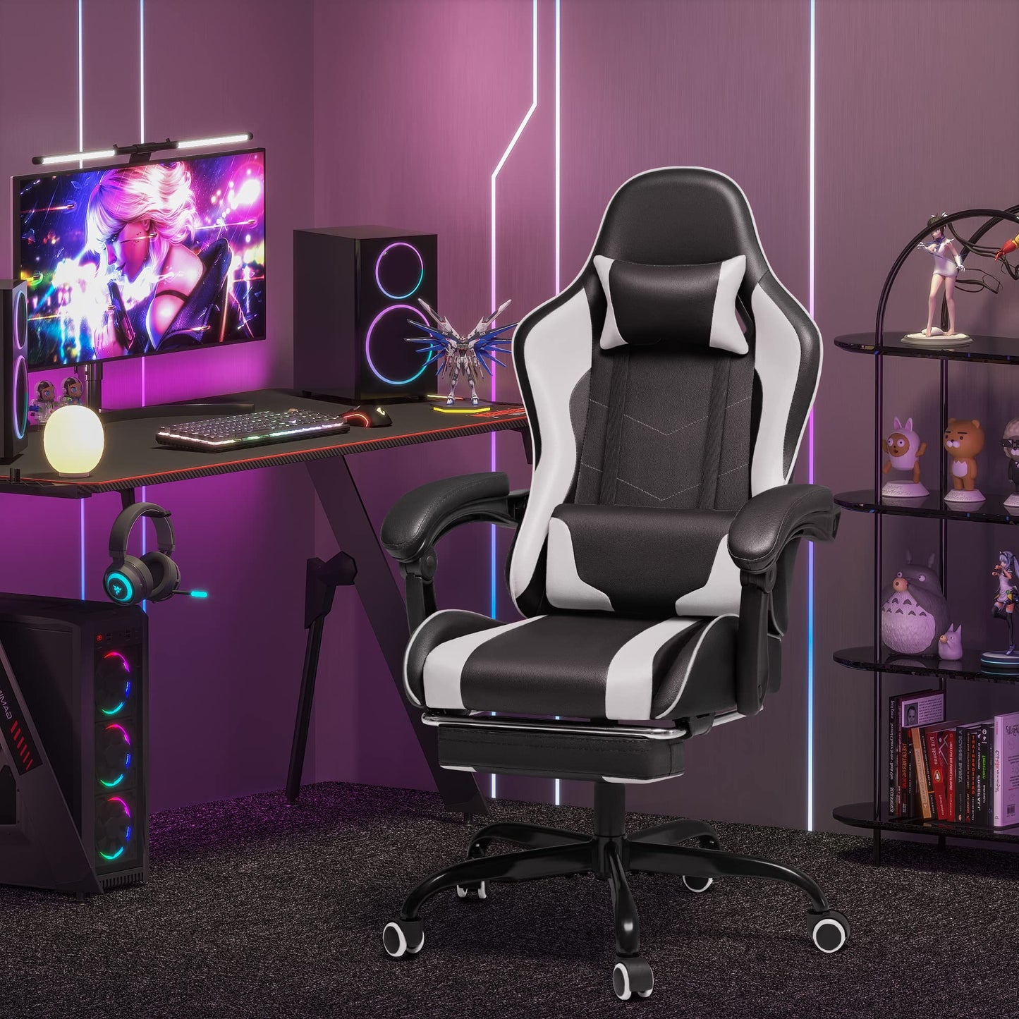 Homall Gaming Chair, Video Game Chair with Footrest and Massage Lumbar Support, Ergonomic Computer Chair Height Adjustable with Swivel Seat and Headrest (White) - Medaid International