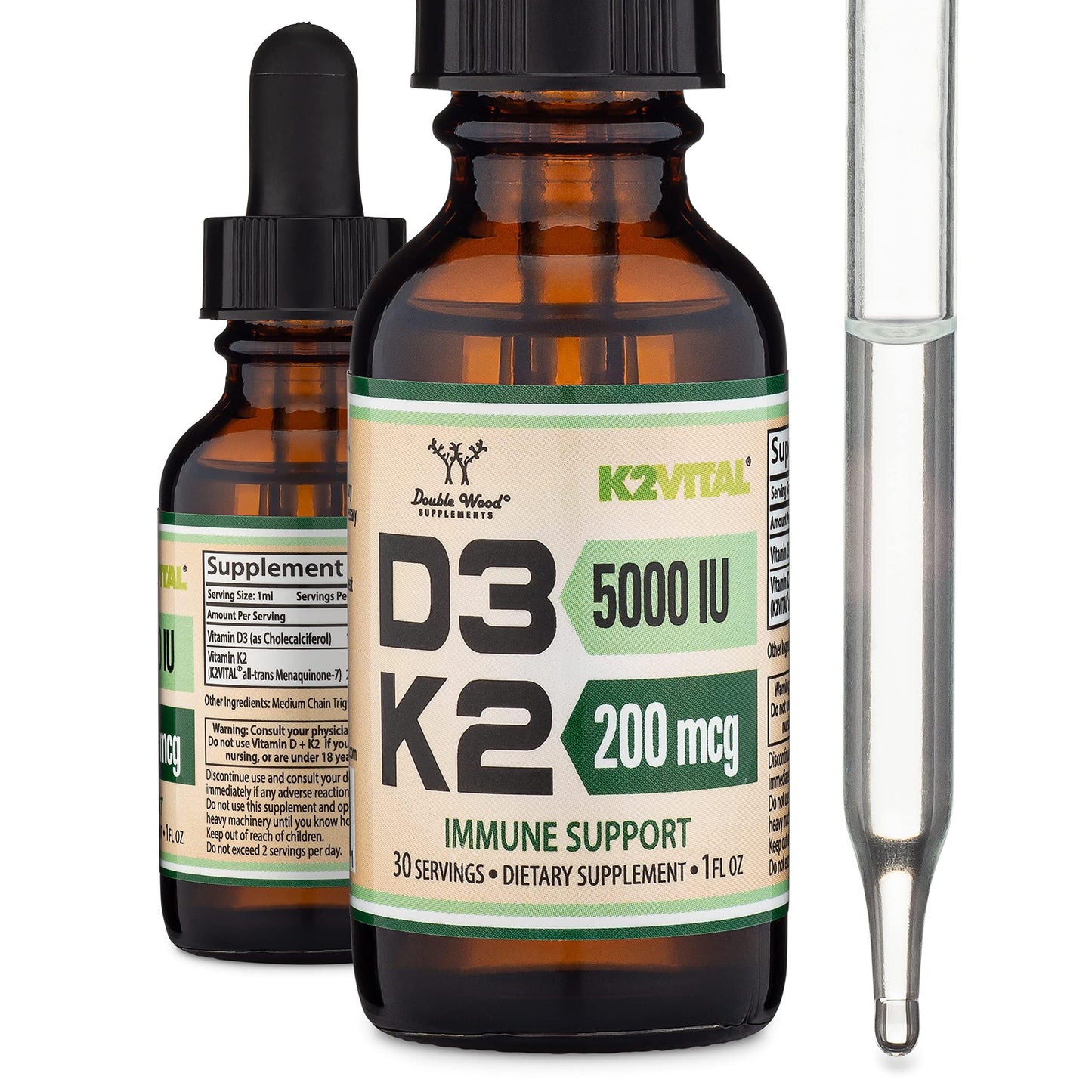Vitamin D3 K2 5,000 IU Liquid Drops (5,000 IU of D3 and 200mcg of 99.9% All-Trans Patented K2 MK-7 (K2Vital)) Max Absorption Liquid Vitamin D Drops (30 Servings) by Double Wood - Medaid International