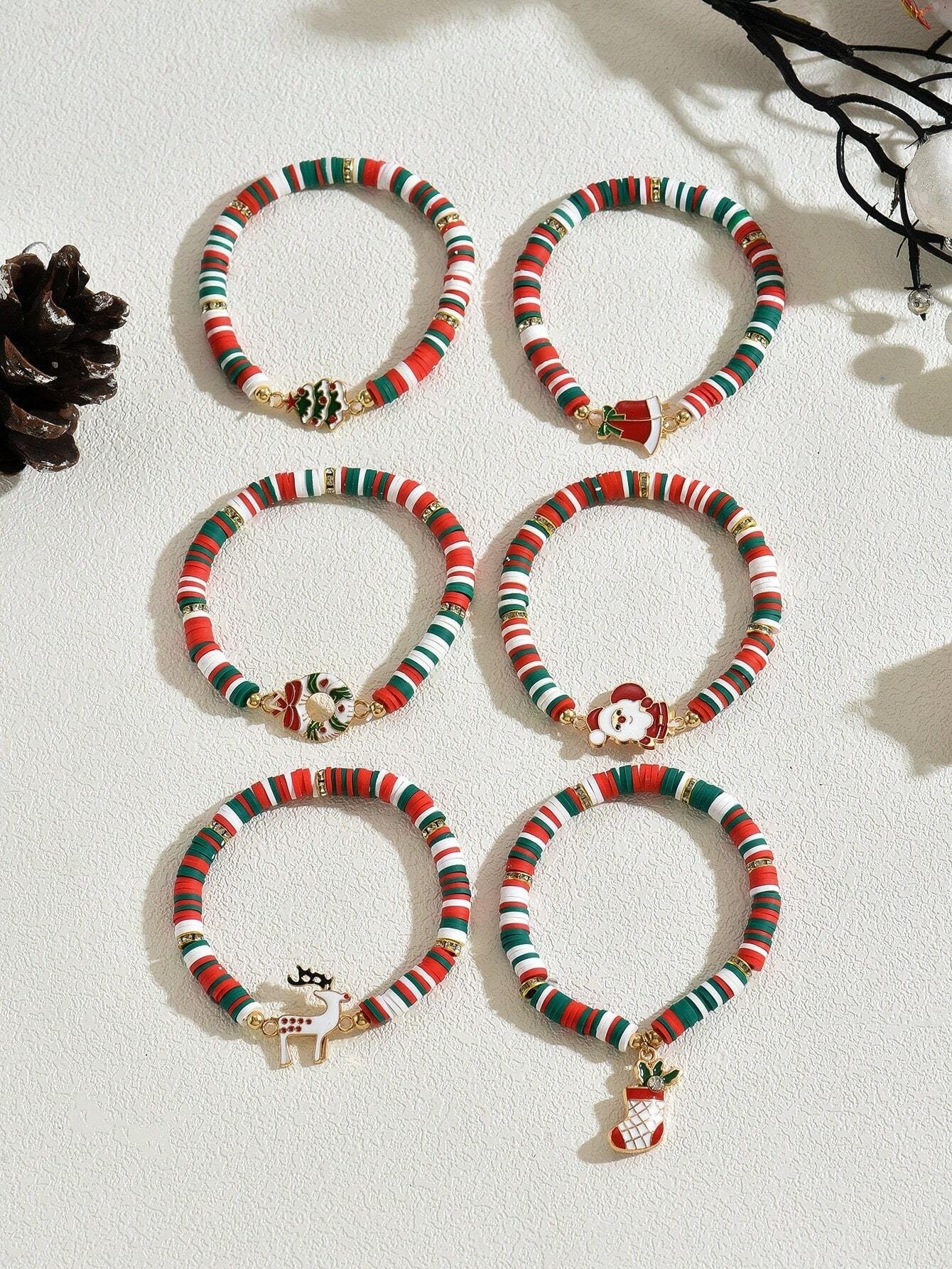 Christmas Santa & Snowman Soft Clay Bracelet, Red Green White Festive Beaded Jewelry for Holiday - Medaid International