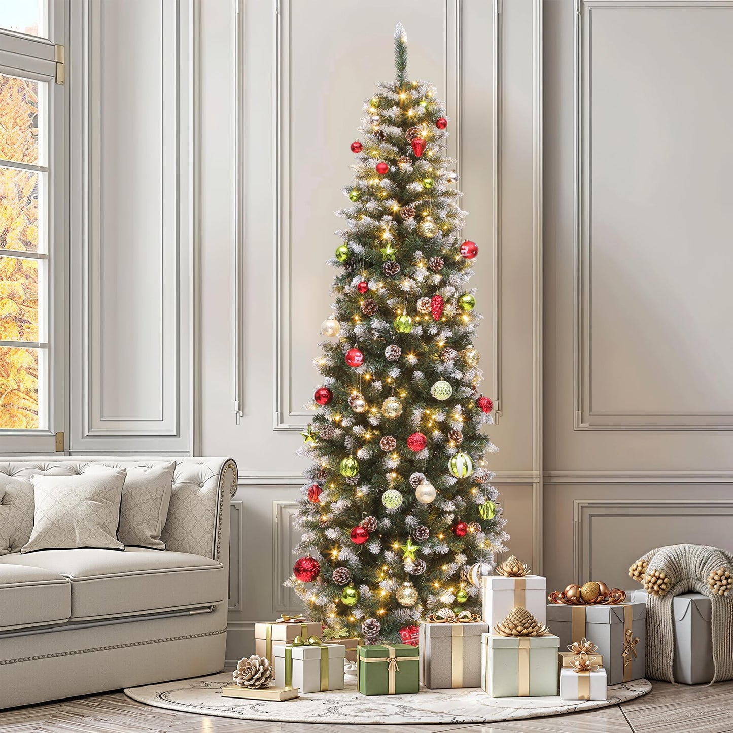 YITAHOME 6FT Pre-Decorated Pencil Christmas Tree w/Remote, Partially Flocked & Frosted Slim Prelit Artificial Hinged Xmas Tree w/ 618 Tips, 50 Pine Cones, 250 Warmwhite & Multi-Color Lights, 11 Modes - Medaid International