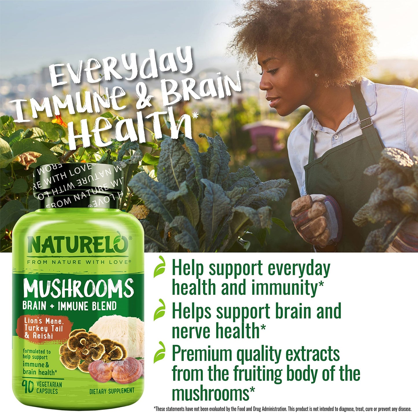 NATURELO Mushroom Supplement – Brain & Immune Health Blend with Lion’s Mane, Reishi, Turkey Tail – 90 Vegan Friendly Capsules - Medaid International