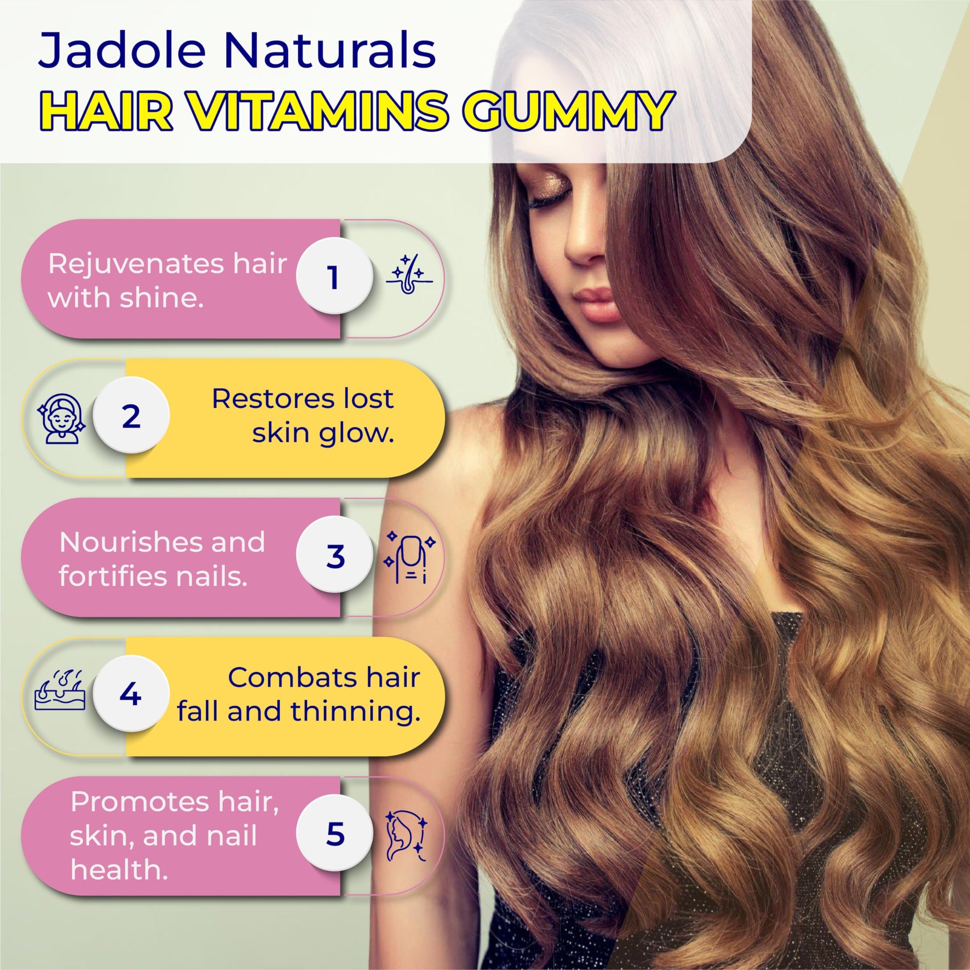 Jadole Naturals Hair Vitamins 60 Gummies Supplement with Vitamin C, Biotin & Folic Acid Supports Hair Growth, Hair Loss, Healthy Hair, Skin & Nails | Hair Multivitamins Supplements for Men Women's - Medaid International