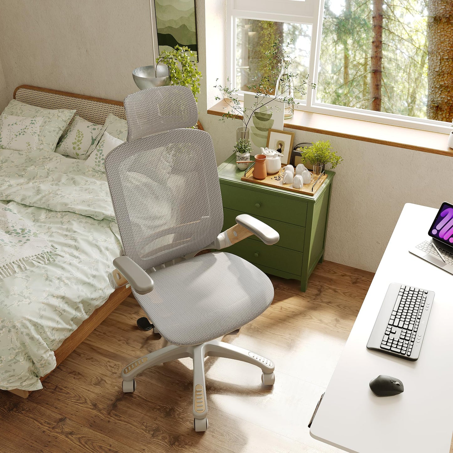 GABRYLLY Ergonomic Office Chair, High Back Home Desk Chair with Flip-Up Arms, Headrest, 90-120° Tilt and Wide Cushion, 400LBS White Mesh Chair for Work Gaming Study (GY01-NT, Woodgrain Pattern) - Medaid International
