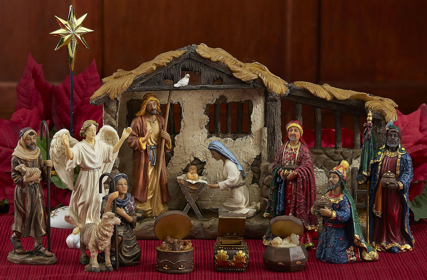 Three Kings Gifts Nativity Set for Christmas Indoor 23 Piece 5 Inch Figures with Lighted Stable, Palm Tree and Chests of Gold, Frankincense and Myrrh - Medaid International