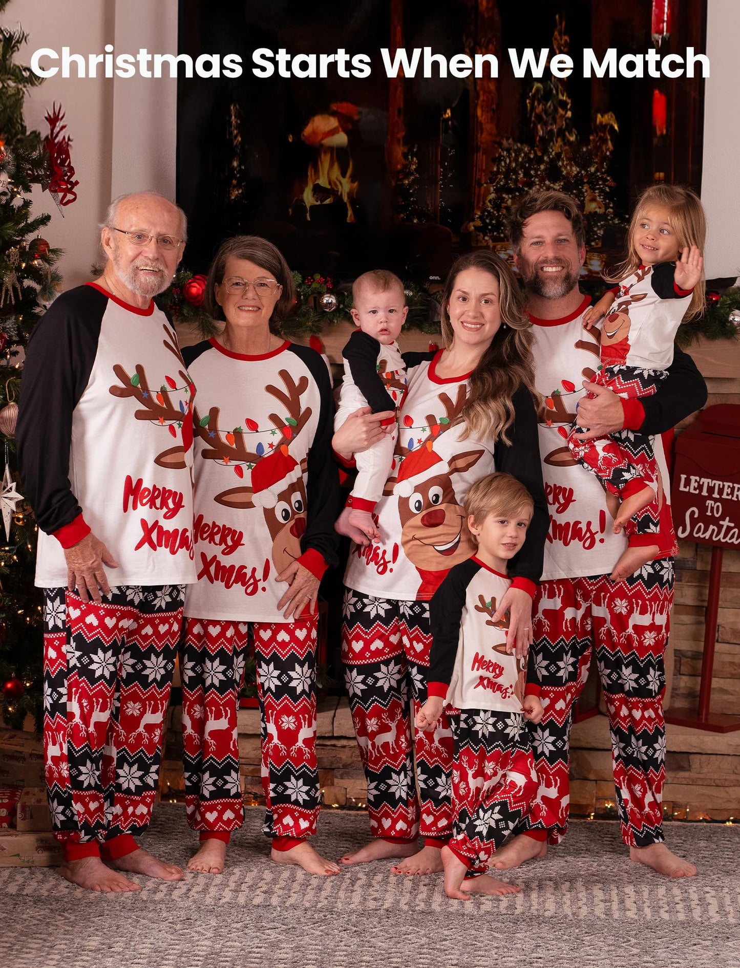 PATPAT Christmas Family Matching Pajamas, Red Black Reindeer, Kids, 9-10 Years - Medaid International