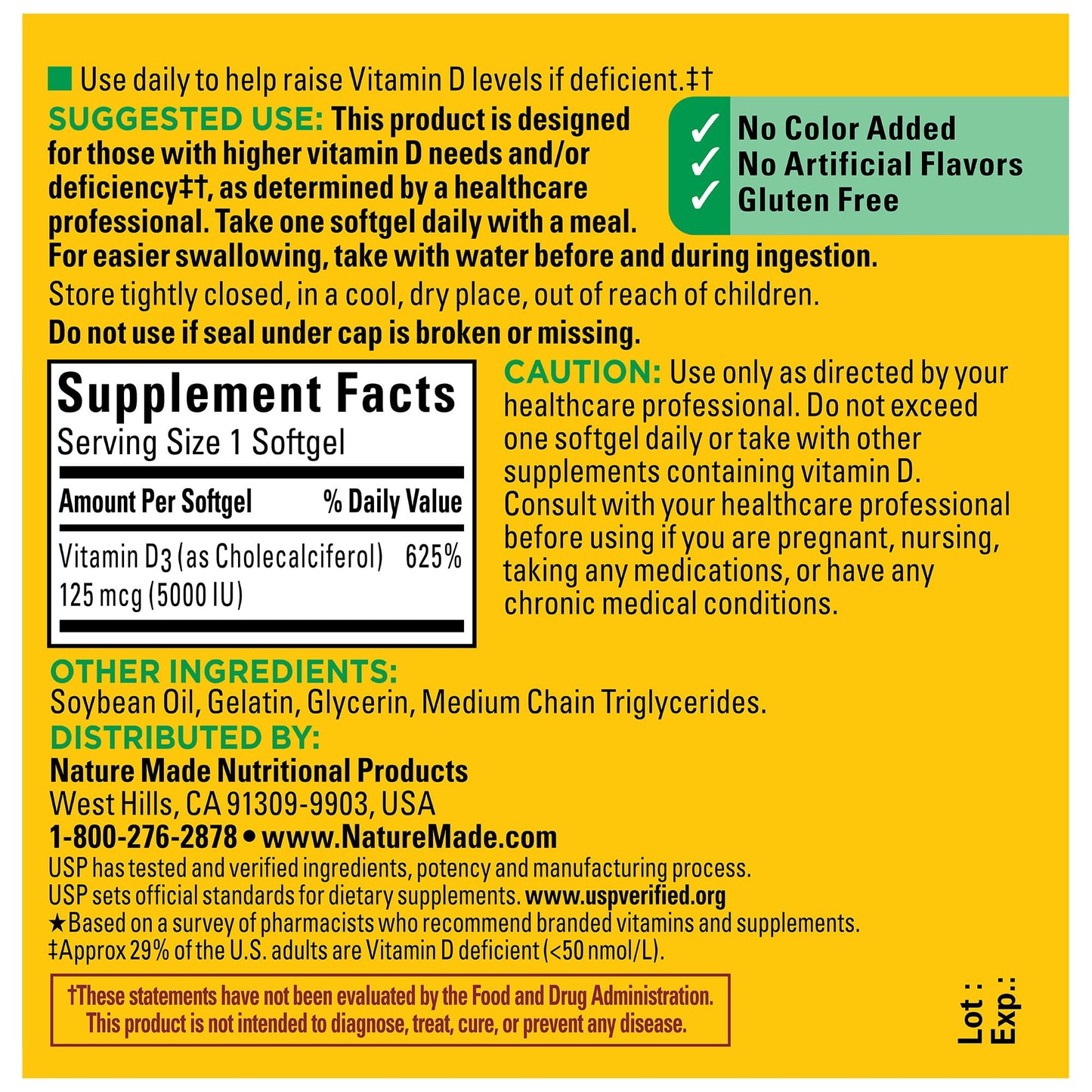 Nature Made Vitamin D3 5000 IU (125 mcg) Softgels, Extra Strength Vitamin D Supplement for Bone and Immune Health Support, 180 Count, 180 Day Supply - Medaid International