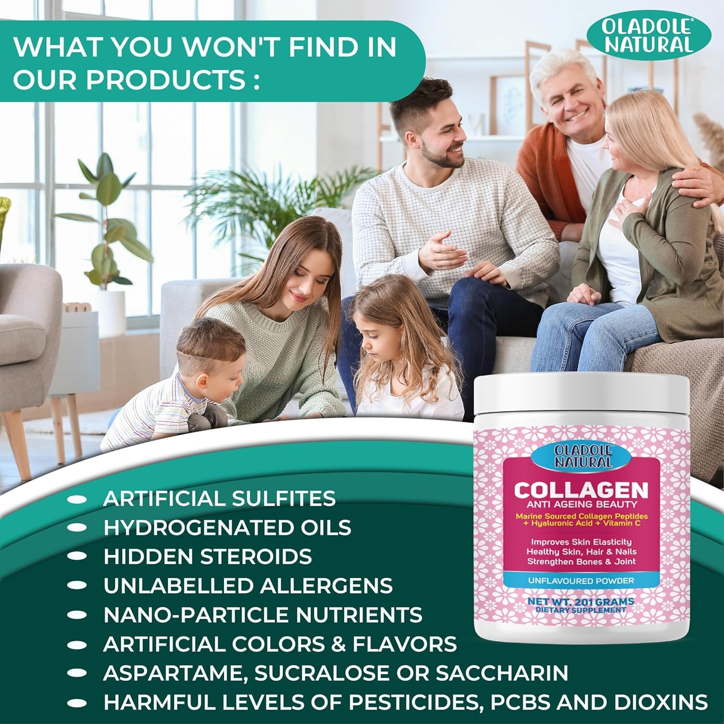 Oladole Natural Collagen Peptides Powder Enriched With Hyaluronic Acid - 201g | Premium Hydrolyzed Marine Collagen For Healthy Skin, Hair, Nails, Joints | Unflavored, Grass-Fed, Non-GMO - Medaid