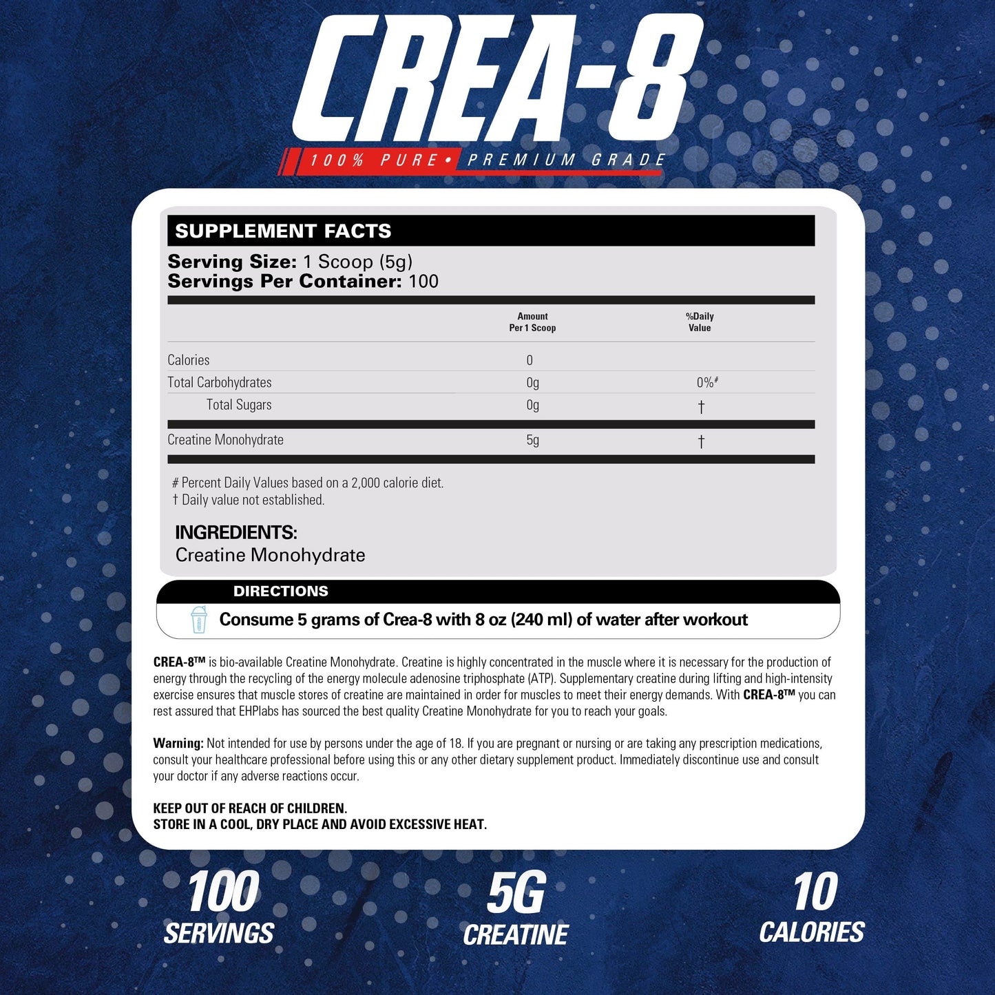EHP Labs CREA-8 Creatine Monohydrate Powder - Unflavored Creatine Powder for Muscle Growth, Increased Strength, Enhanced Energy Output and Improved Performance - 100 Servings (500g) - Medaid International