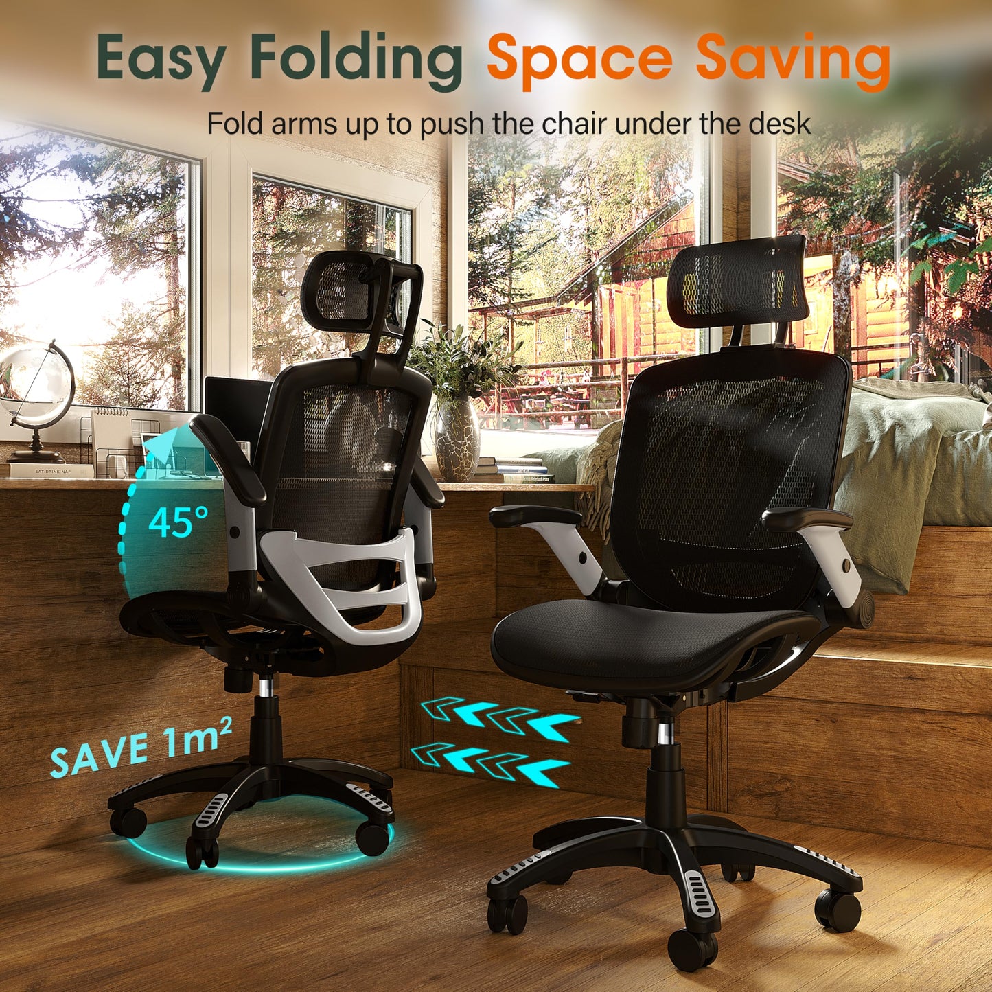 GABRYLLY Ergonomic Office Chair, High Back Home Desk Chair with Headrest, Flip-Up Arms, 90-120° Tilt Lock and Wide Cushion, Big and Tall Mesh Chairs for Man Woman, Black Task Chair - Medaid International