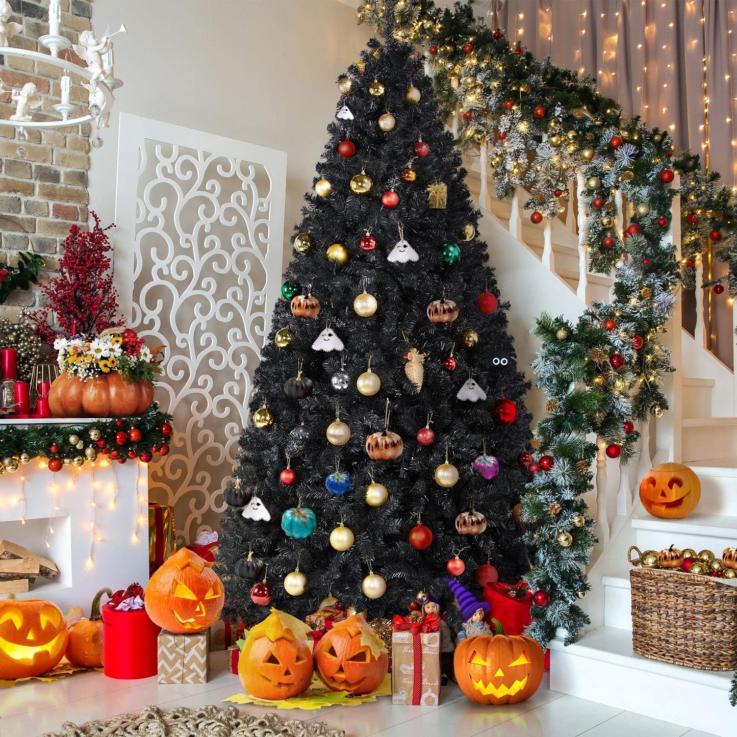 Yaheetech 7.5ft Black Artificial Christmas Pine Tree Seasonal Holiday Carnival Home Party Decoration for Home, Office Indoor Outdoor with 1749 Branch Tips and Foldable Stand - Medaid International