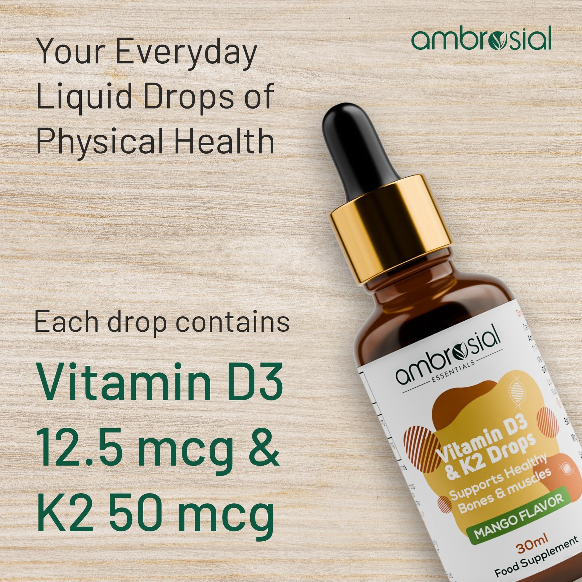 AMBROSIAL Vitamin D3 K2 Drops - for Adults and Kids (Pack of 1-30ml) - Medaid International