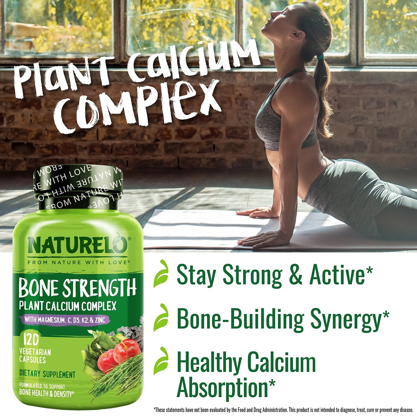 NATURELO Calcium Supplement - with Vitamin C, Vitamin D3, K2, and Calcium Magnesium Zinc for Bone Strength with Calcium 600mg - Plant-Based, 120 Vegetarian Capsules, Non-GMO, Soy & Gluten-Free - Medaid International