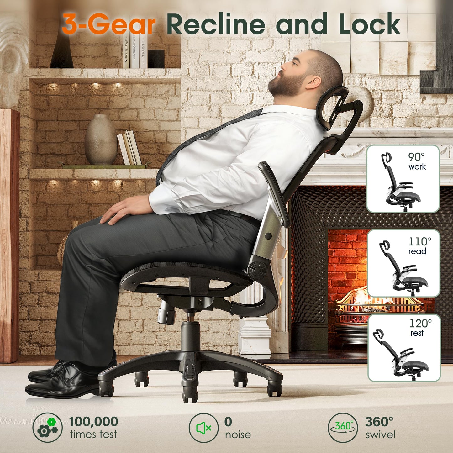 GABRYLLY Ergonomic Office Chair, High Back Home Desk Chair with Headrest, Flip-Up Arms, 90-120° Tilt Lock and Wide Cushion, Big and Tall Mesh Chairs for Man Woman, Black Task Chair - Medaid International