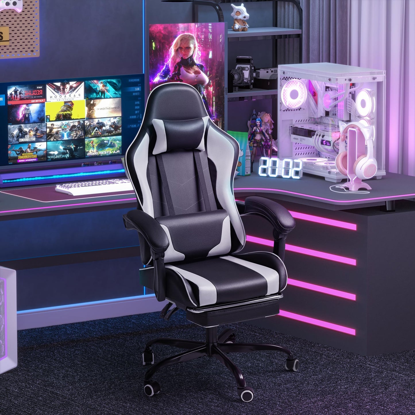 Homall Gaming Chair, Video Game Chair with Footrest and Massage Lumbar Support, Ergonomic Computer Chair Height Adjustable with Swivel Seat and Headrest (White) - Medaid International