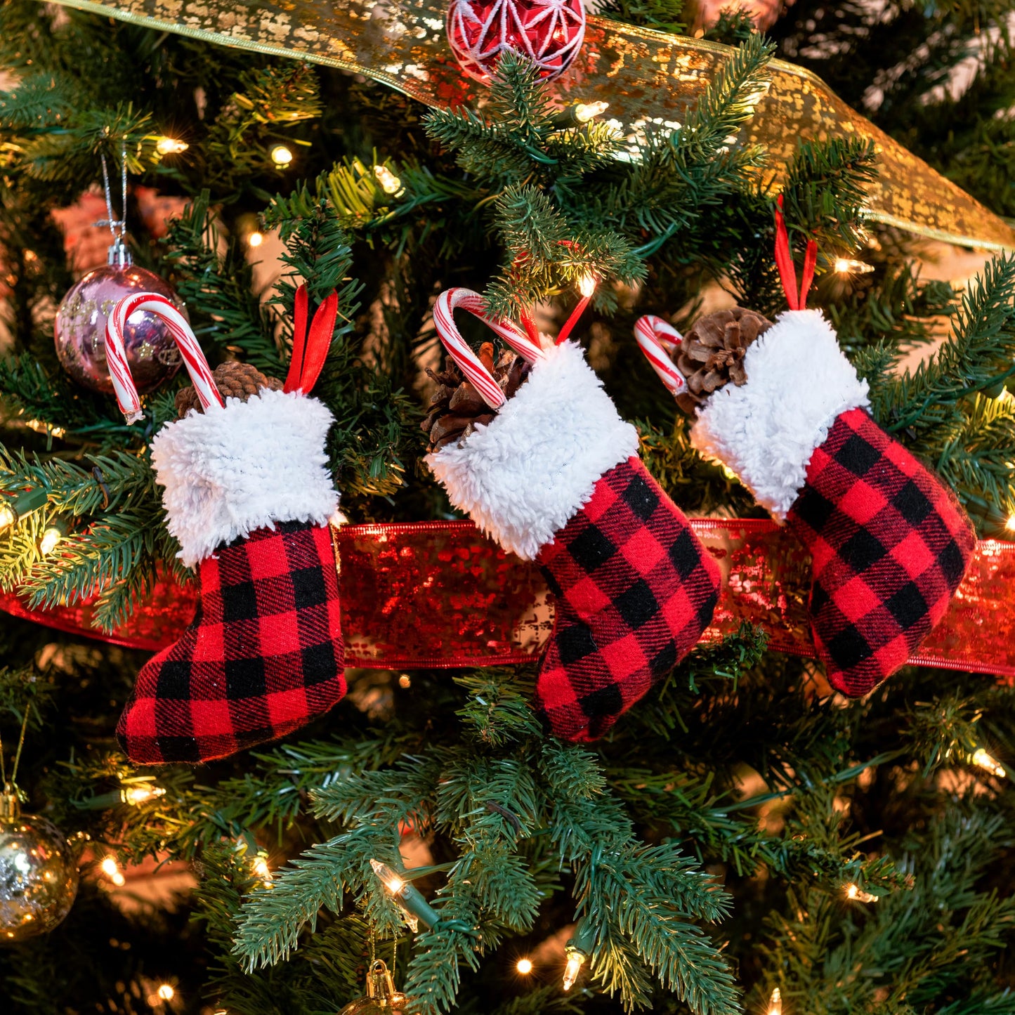 JOYIN 12 PCS 5β Mini Christmas Stocking,Red Black Plaid Xmas Stockings for Christmas Tree Decoration, Party Favors and Holiday Season Supplies - Medaid International