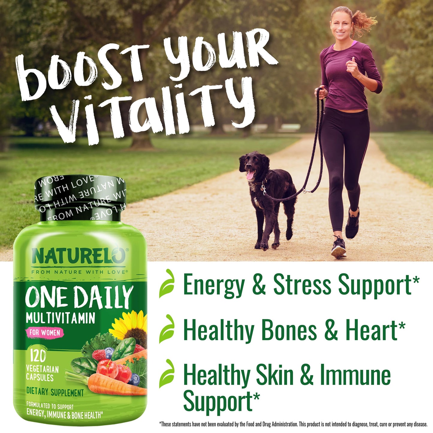 NATURELO One Daily Multivitamin for Women - Energy Support - Whole Food Supplement to Nourish Hair, Skin, Nails - Non-GMO - No Soy - Gluten Free - 120 Capsules - 4 Month Supply - Medaid International