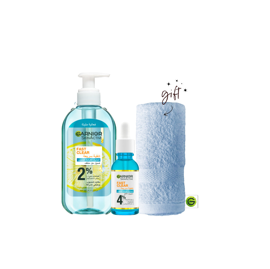 Garnier Fast Clear Anti-Acne Serum & Gel Wash Bundle + Towel Gift - Medaid