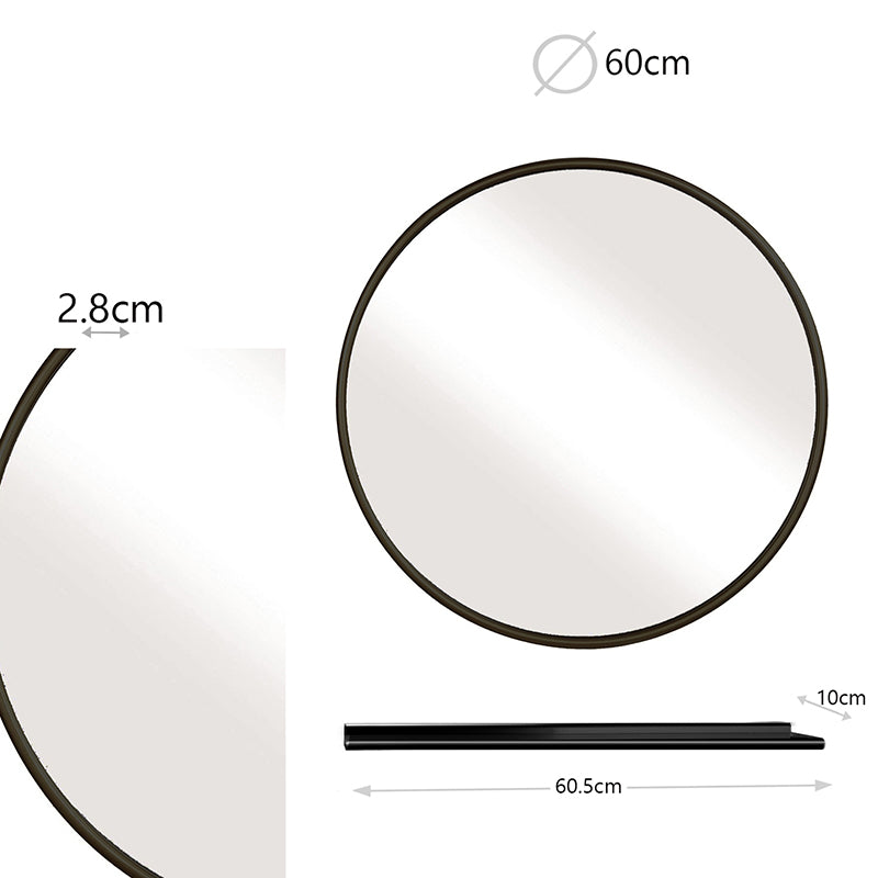60 CM, Round Wall-Mounted Aluminum Frame Mirror with Shelf, Round Pendant Mirror, Decorative Mirror - Medaid