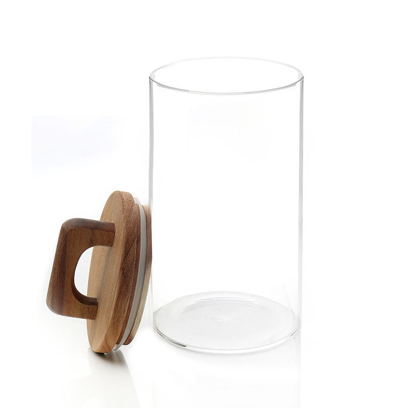 24 CM Borosilicate Glass Food Storage Container with Airtight Wooden Lid and Silicone Ring for Coffee Flour Sugar Spices Dishwasher Safe - Medaid International