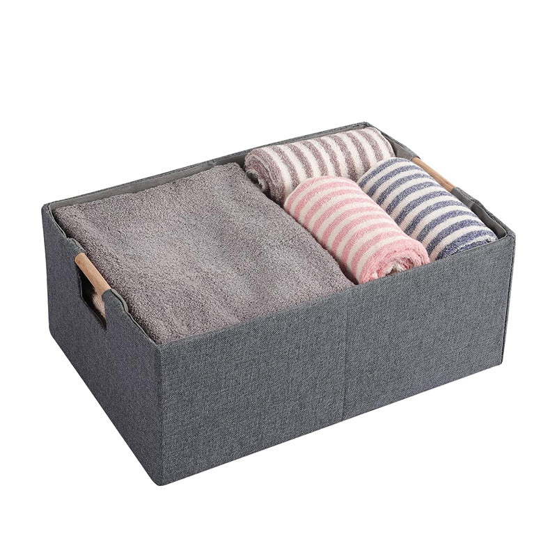42 CM Foldable Fabric Storage Box with Wooden Handles Multipurpose Collapsible Closet Organizer Bins for Clothes Toys Towels and Blankets Gray - Medaid International