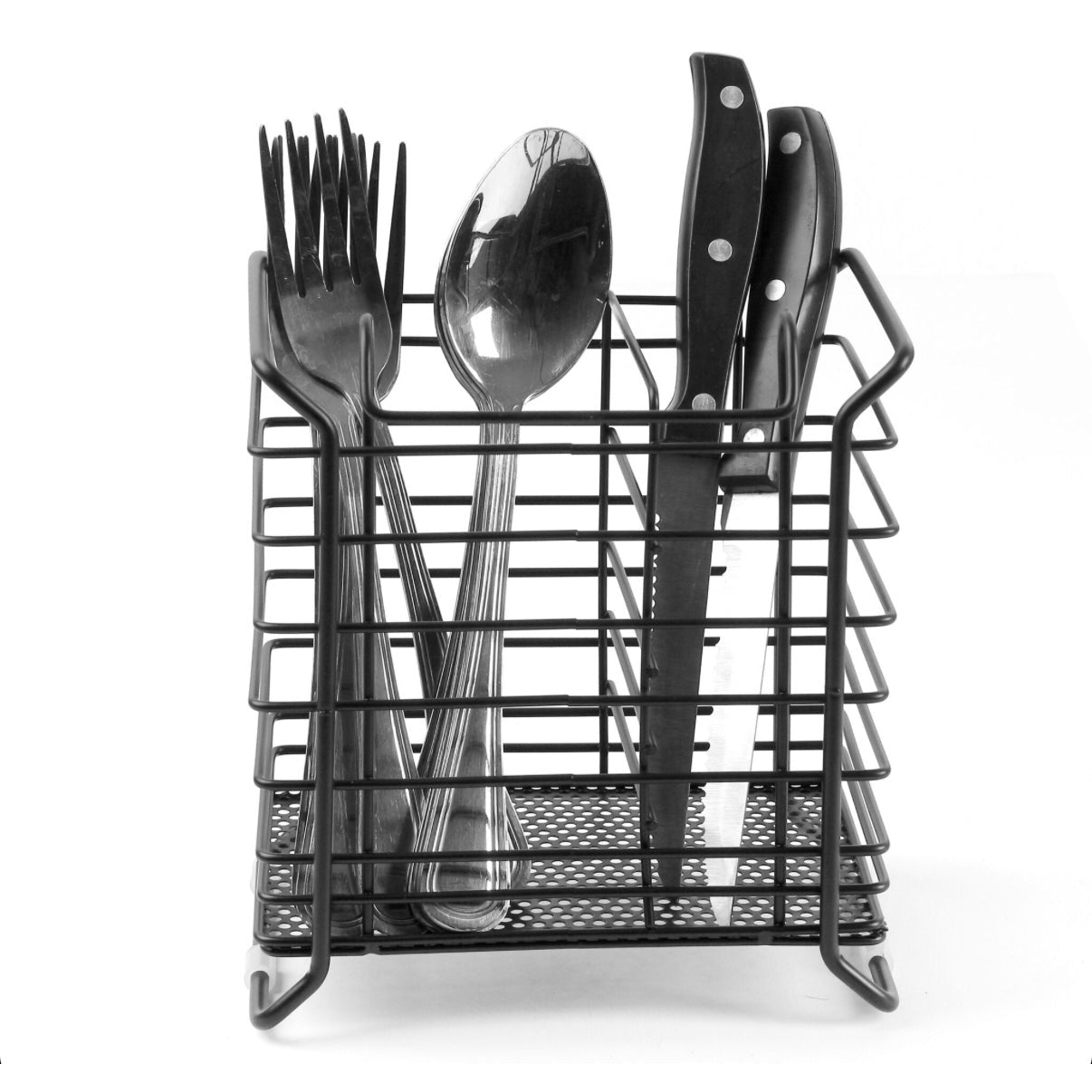 2 Compartment Stainless Steel Cutlery Holder Kitchen Counter Drainer Basket Organizer Stand Self Draining Tableware Utensil Storage Box Holder Black - Medaid International