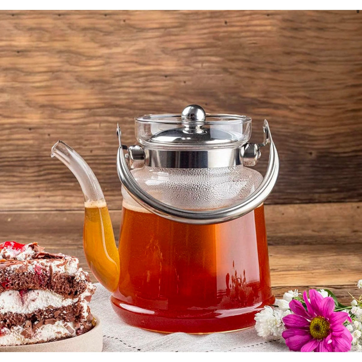 1.5 L Heat Resistant Borosilicate Glass Tea Pot with Stainless Steel Handle and Removable Infuser Tea Kettle Stovetop and Dishwasher Safe - Medaid International
