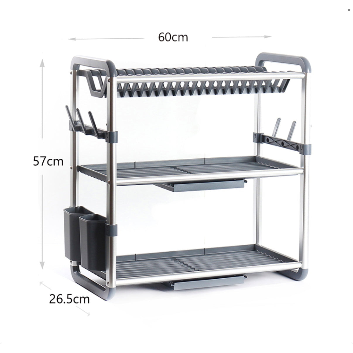 3 Tier Aluminum Dish Drying Rack with Removable Drainboard Multifunctional Dish Racks with Utensil Holder and Cup Holder Silver - Medaid International