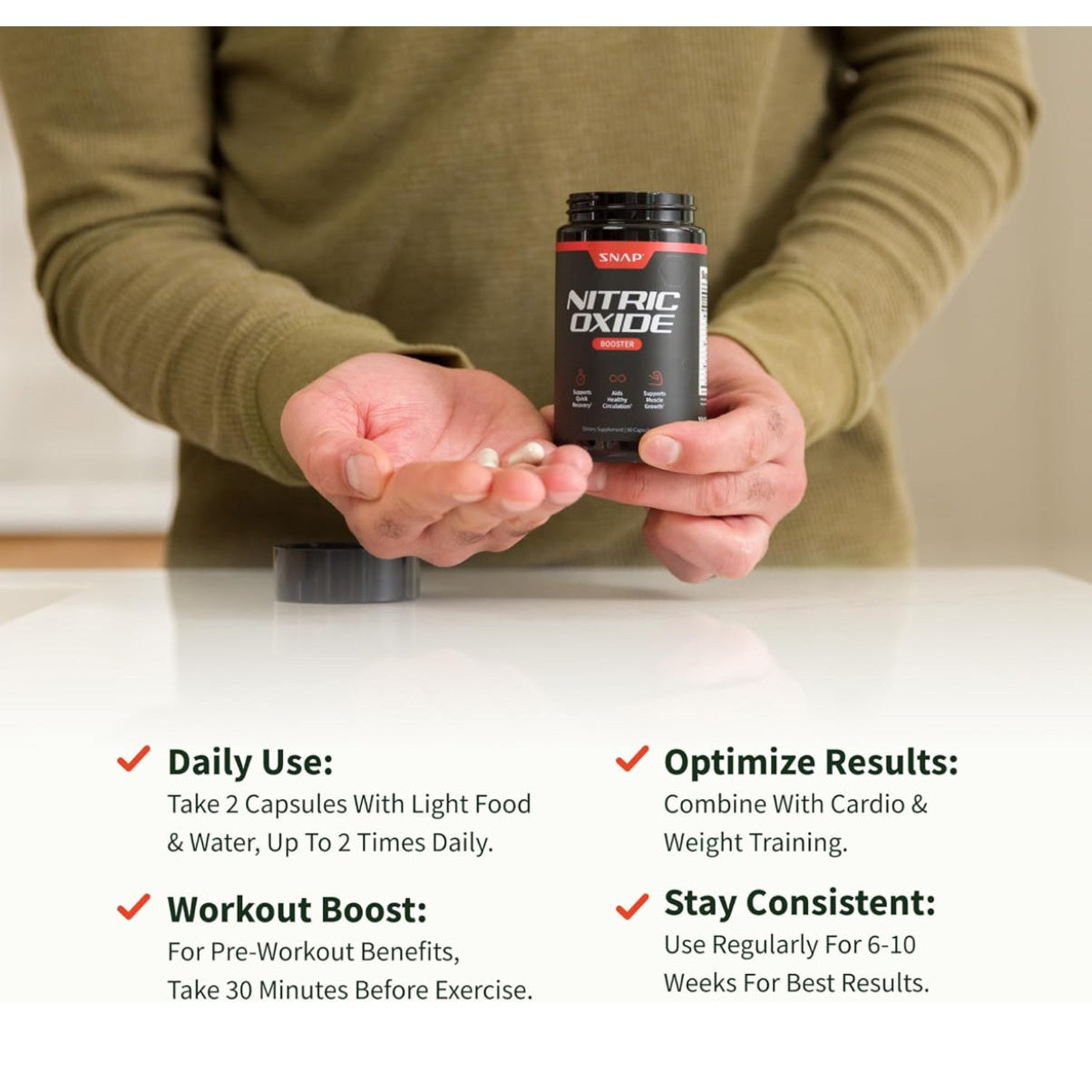 Snap Supplements Nitric Oxide Booster Supplement with L Arginine and L Citrulline Essential Amino Acids and Ginseng Root, Energy, Heart Heal - Medaid International