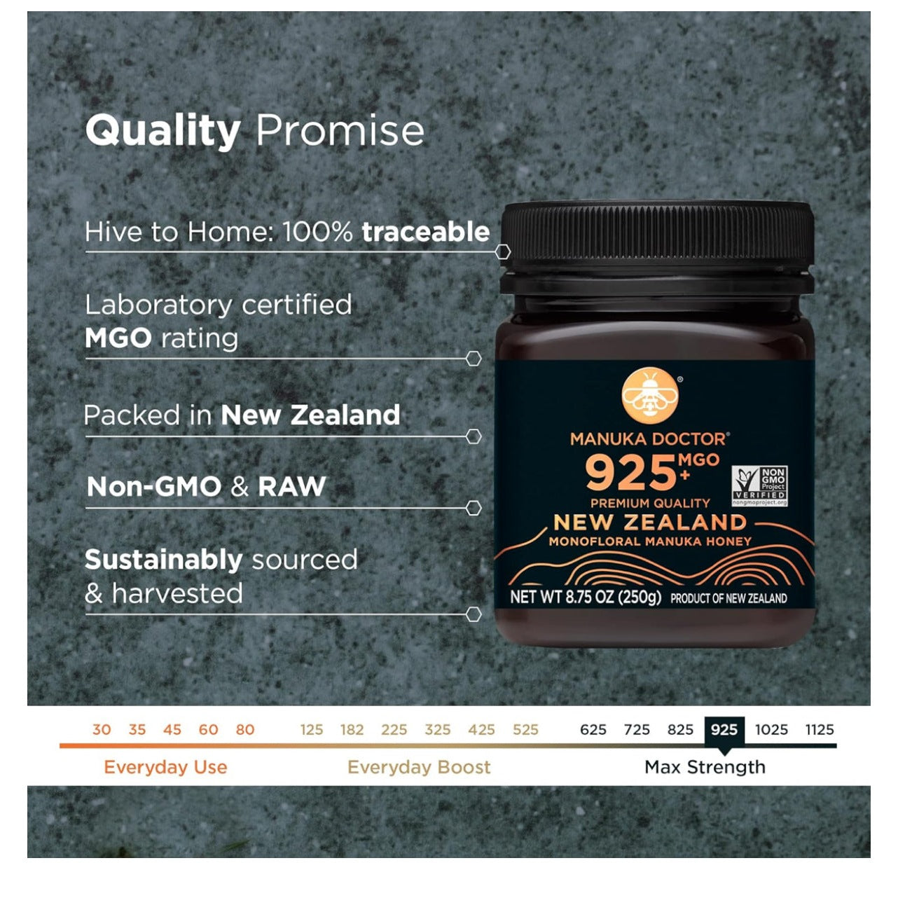 MANUKA DOCTOR - MGO 925+ Manuka Honey Monofloral, 100% Pure New Zealand Honey. Certified. Guaranteed. RAW. Non-GMO (8.75 oz) - Medaid International