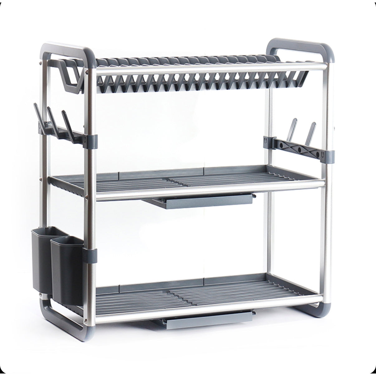 3 Tier Aluminum Dish Drying Rack with Removable Drainboard Multifunctional Dish Racks with Utensil Holder and Cup Holder Silver - Medaid International