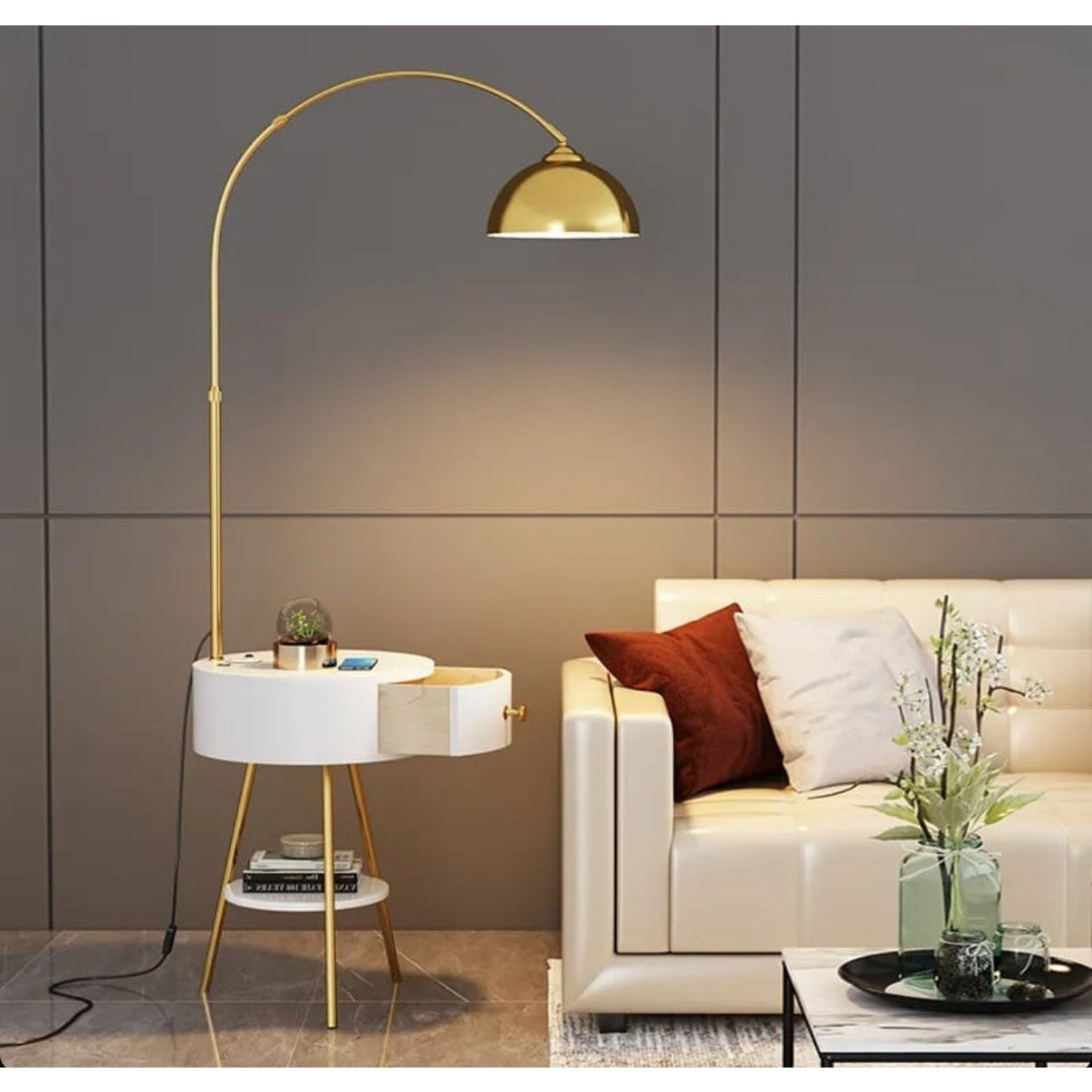 Modern End Table Arched Floor Lamp with Shelves and Drawer for