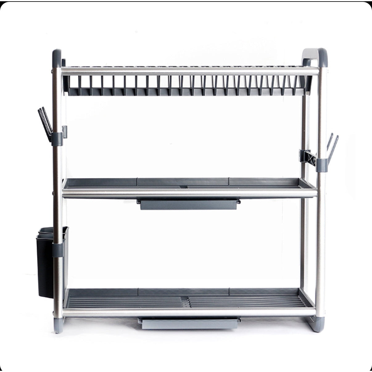3 Tier Aluminum Dish Drying Rack with Removable Drainboard Multifunctional Dish Racks with Utensil Holder and Cup Holder Silver - Medaid International