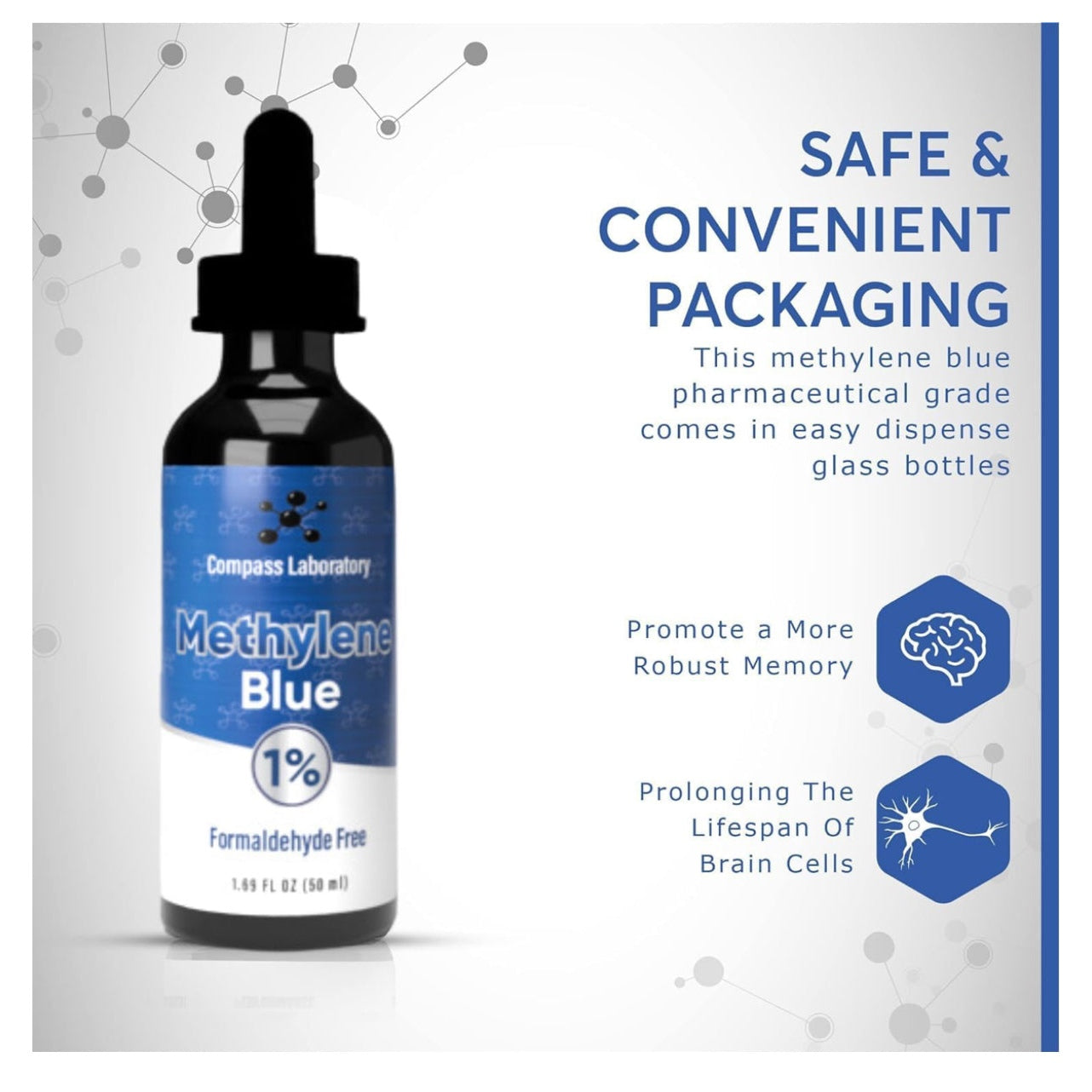 Methylene Blue Pharmaceutical Grade, USP Grade, Third-Party Tested Brain Health Dietary Supplement for Humans, No Formaldehyde, Made in USA (1% 50ml Bottle) - Medaid International