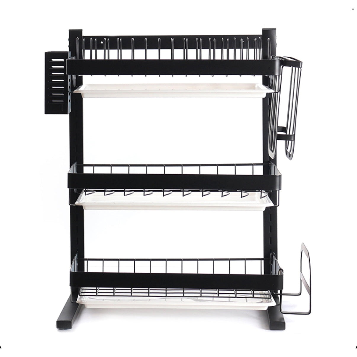 3 Tier Carbon Steel Dish Drying Rack with Removable Drainboard Utensil Holder Knife Organizer and Cutting Board Holder Black - Medaid International
