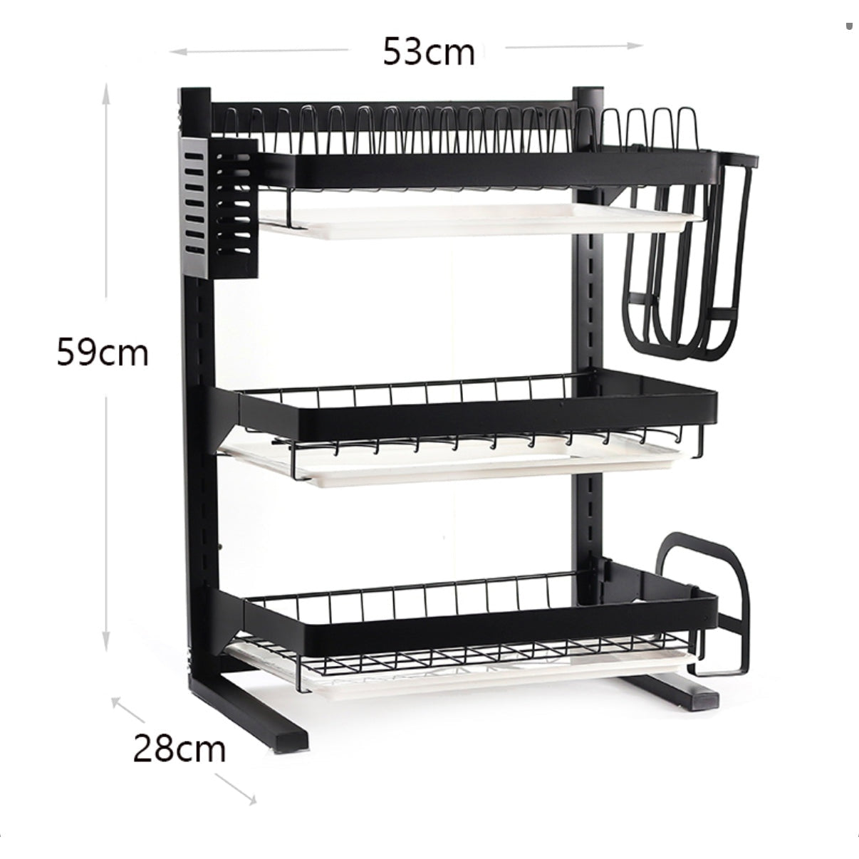 3 Tier Carbon Steel Dish Drying Rack with Removable Drainboard Utensil Holder Knife Organizer and Cutting Board Holder Black - Medaid International
