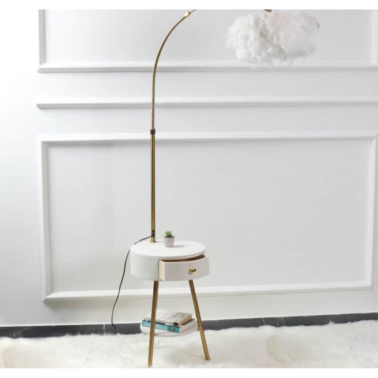 Modern End Table Feather Arched Floor Lamp with Shelves and Drawer for Living Room Bedroom - Medaid International