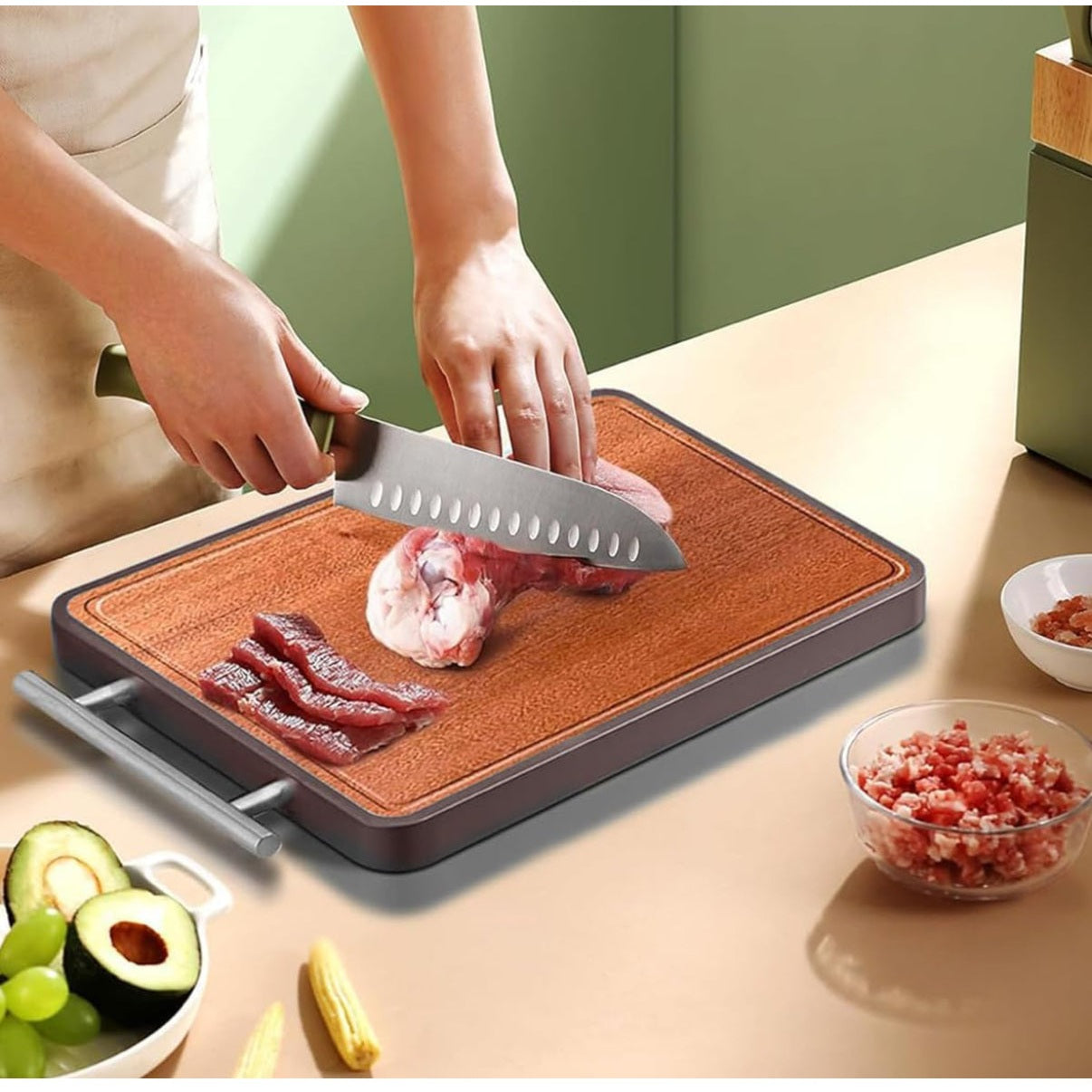 HASTHIP® Double Cutting Board, Stainless Steel Cutting Board, with Stainless Steel Handle Double Sided Premium Cutting Board, 30 * 42 cm Chopping Area Ebony Wood Cutting Board for Meat, Fruit, Deli - Medaid International