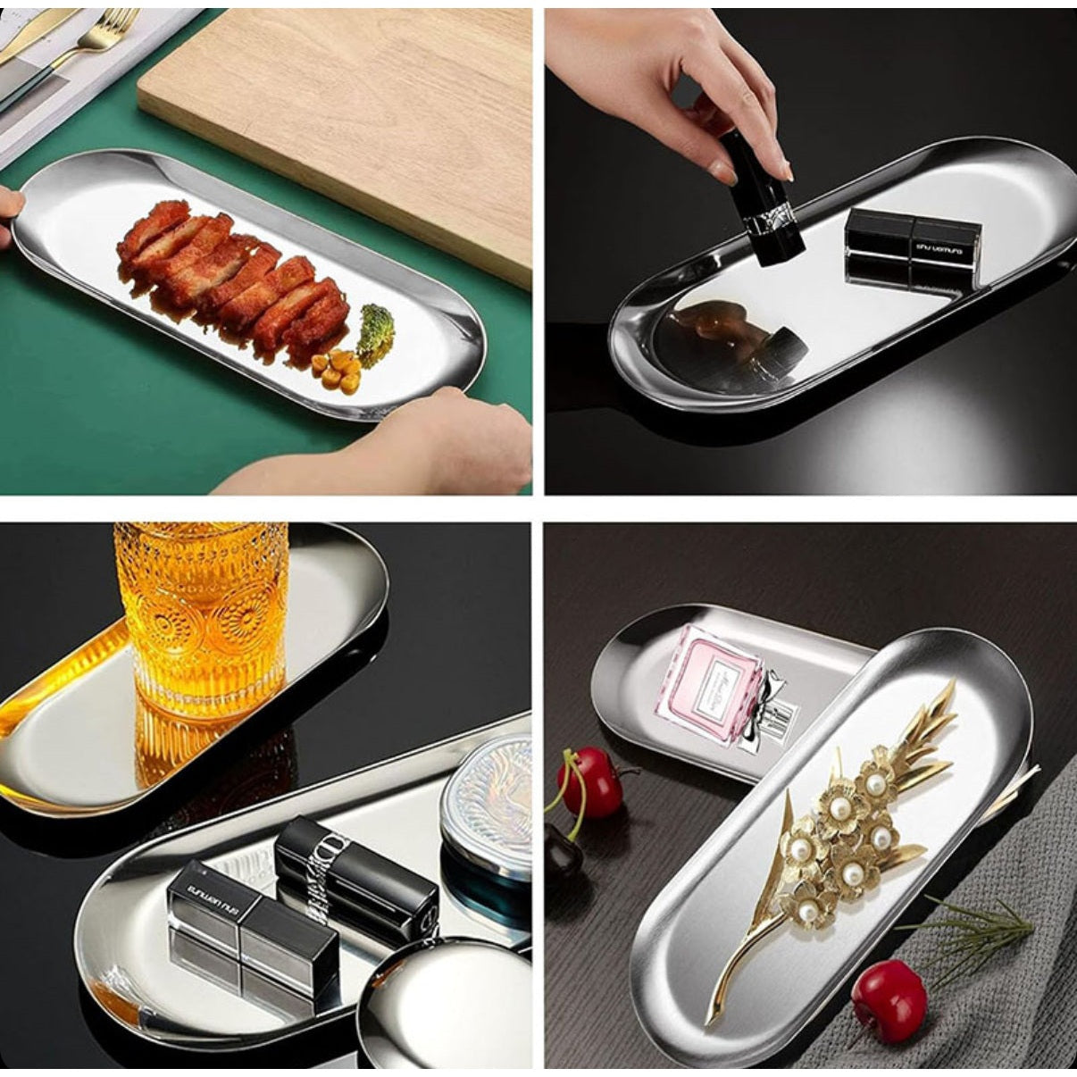 Stainless Steel Oval Storage Tray Multipurpose Small Tray for Cosmetics Jewelry Vanity Snack Silver - Medaid International