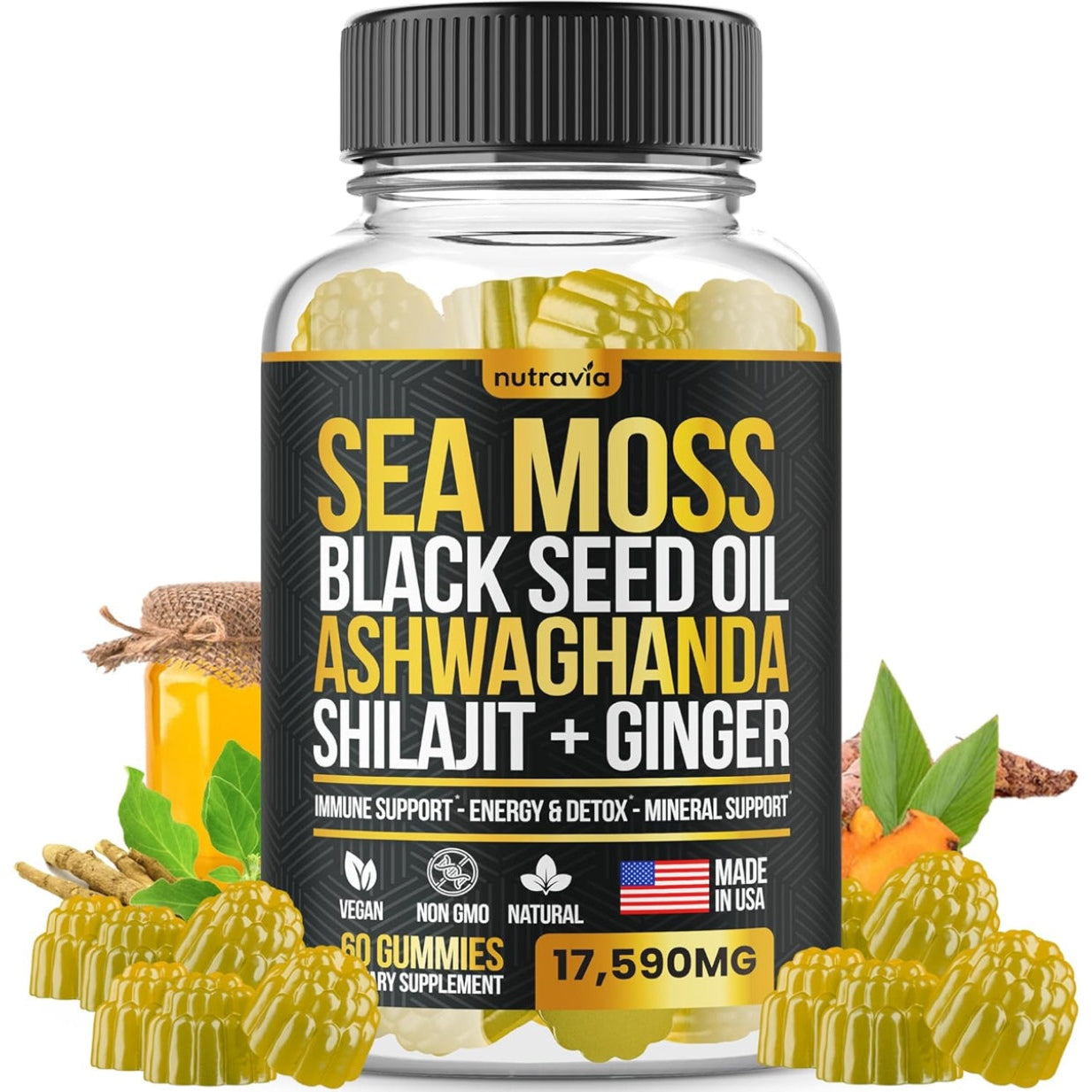 Sea Moss, Black Seed Oil, Ashwagandha, Ginger, Shilajit Gummies with Elderberry, Chlorophyll, Turmeric, Bladderwrack 17590mg Advanced Strength Formula - All in 1 Bundle - Made in USA (60 Gummies) - Medaid International