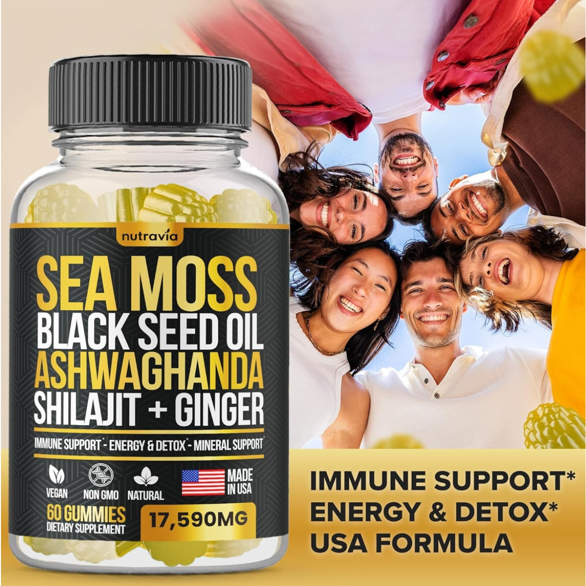 Sea Moss, Black Seed Oil, Ashwagandha, Ginger, Shilajit Gummies with Elderberry, Chlorophyll, Turmeric, Bladderwrack 17590mg Advanced Strength Formula - All in 1 Bundle - Made in USA (60 Gummies) - Medaid International