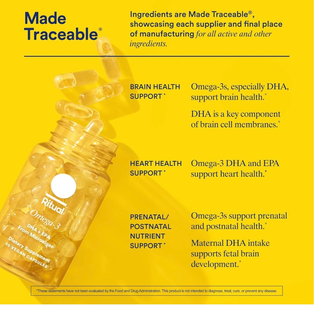 Ritual Omega 3 - Vegan - Science-Backed Dose of DHA & EPA Fatty Acids in 2:1 Ratio, Bioavailable, Brain and Heart Health Support, Minimal Burp-Back, Sustainably Sourced Microalgae, 30 Day Supply - Medaid International