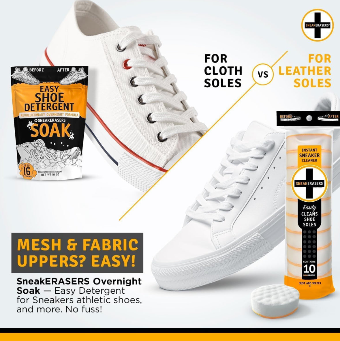 SneakERASERS Sole & Sneaker Cleaner, Premium Shoe Cleaner for Sneakers, Dual-Sided Sponges, Effective for Tennis Shoes & Women Men Sneakers, Gentle Rub Design Cleaner Kit, 1 Pack - Medaid International