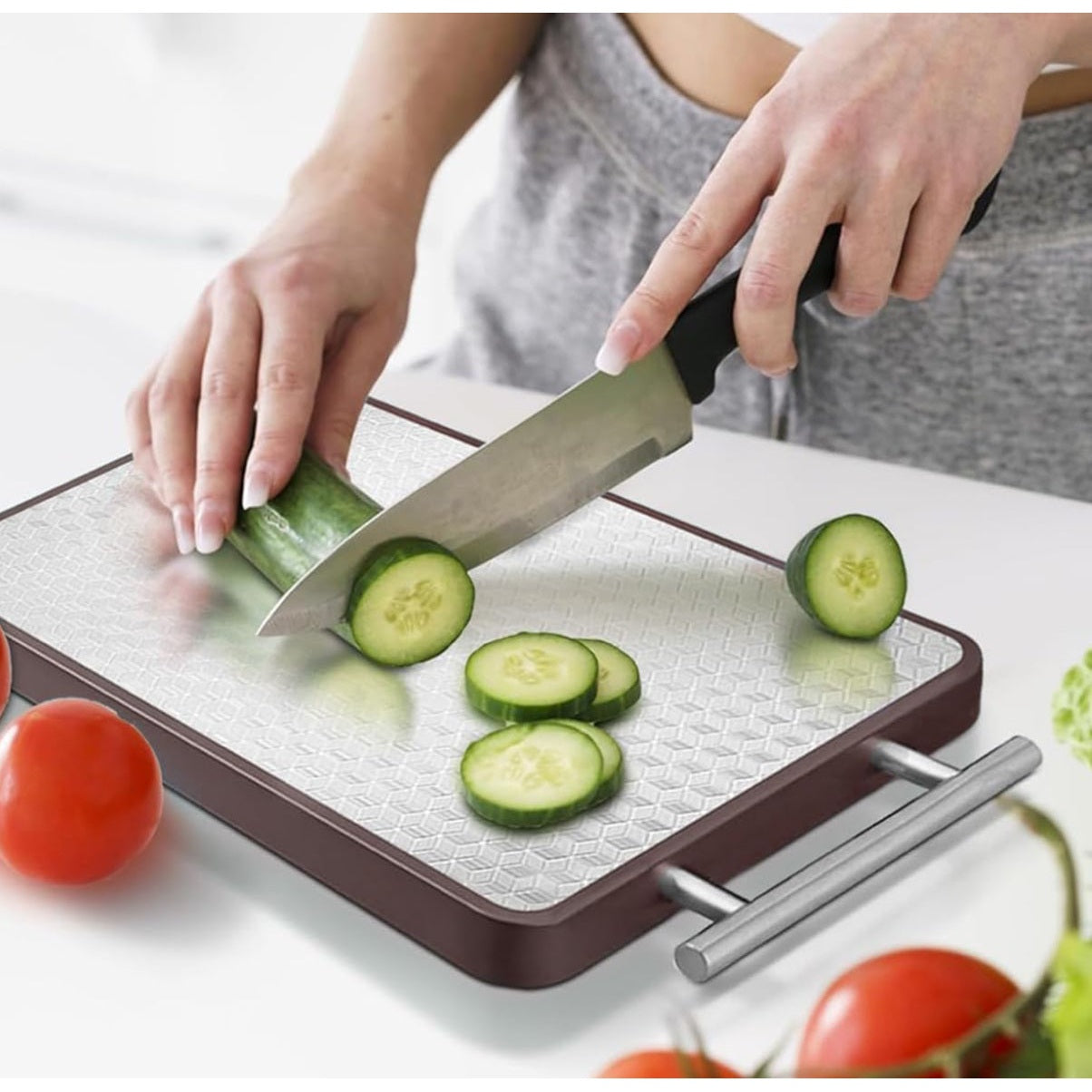 HASTHIP® Double Cutting Board, Stainless Steel Cutting Board, with Stainless Steel Handle Double Sided Premium Cutting Board, 30 * 42 cm Chopping Area Ebony Wood Cutting Board for Meat, Fruit, Deli - Medaid International