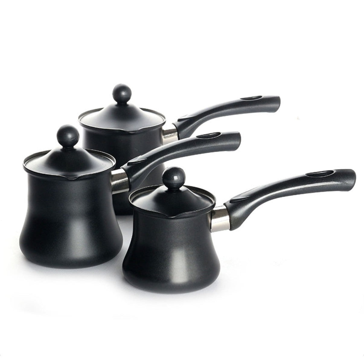 Set of 3 Stainless Steel Coffee Warmer with Lid and Heat Resistant Handle Turkish Coffee Maker Pot Black - Medaid International